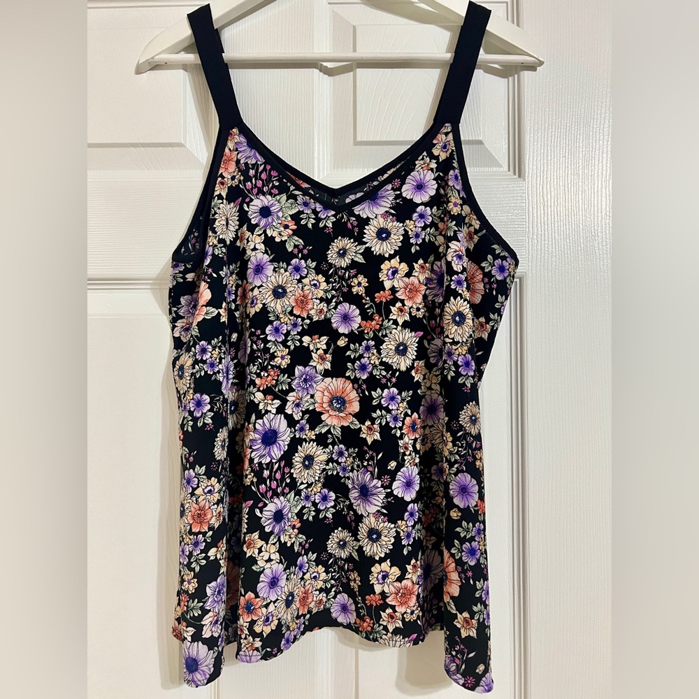 Bobeau Black Floral Spaghetti Strap Camisole with Purple & Peach Flowers